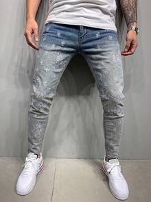 ROMWE MEN Street Life Quần jean skinny nam co giãn, họa tiết thêu hoa. - Rửa trung bình - Xem 1