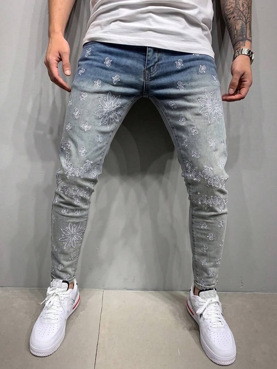 ROMWE MEN Street Life Quần jean skinny nam co giãn, họa tiết thêu hoa. - Rửa trung bình - Xem 1