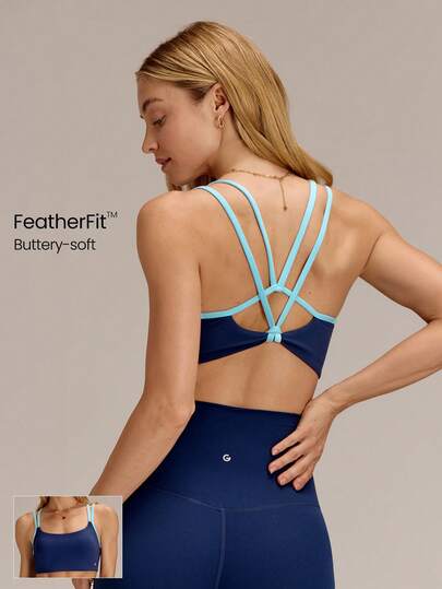 GLOWMODE FeatherFit™ Breathable Lightweight Sweat-Wicking Contrast Strap Crisscross Back Sports Bra With Removable Anti-Slip Cups Removable Padding Yoga Studio Pilates Daily Wear