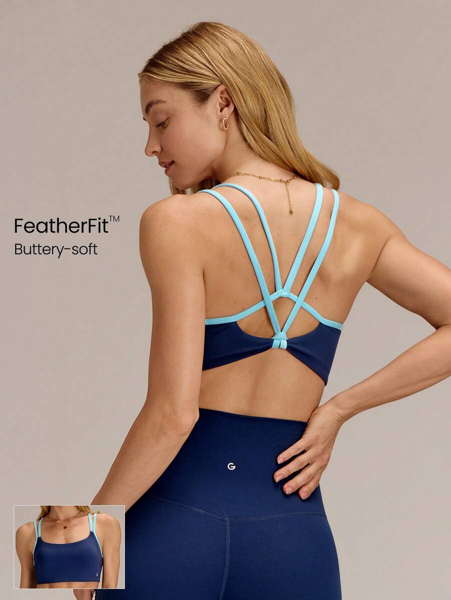 GLOWMODE Áo ngực thể thao FeatherFit™ thoáng khí, nhẹ, thấm hút mồ hôi, dây đeo chéo lưng tương phản, có mút đệm chống trượt có thể tháo rời, thích hợp cho yoga, pilates và mặc hàng ngày. - Dark Blue - Xem 1