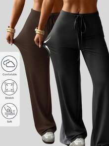 SHEIN EZwear 2件套女士纯色抽绳腰弹力针织裤套装 - 咖啡棕 - 查看 1