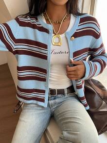 SHEIN EZwear 女士休闲度假通勤撞色条纹单排扣开衫，秋冬款 - 彩色 - 查看 7