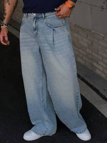 DAZY Men's Solid Blue Washed Vintage Style Denim Jeans, Suitable For Spring And Autumn - Blue - View 4