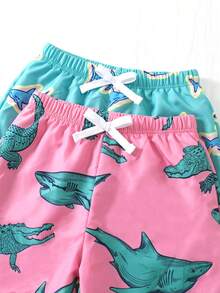 SHEIN Bộ 2 quần bơi nam dáng rộng, thời trang, dễ thương in hình cá mập và cá sấu, thích hợp cho mùa xuân, hè và thu. - Nhiều màu - Xem 3