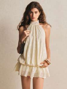 Poéselle Women's Halter Neck Mini Dress For Women – Backless Bubble Hem Layered Ruffle Summer Dress Bubble Hem Dress Ruffle Mini Dress Cute Sundress - Yellow - View 7