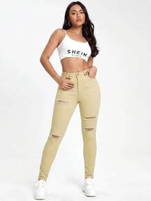 SHEIN EZwear 黑色斜插口袋破洞紧身牛仔裤 - 杏色 - 查看 3