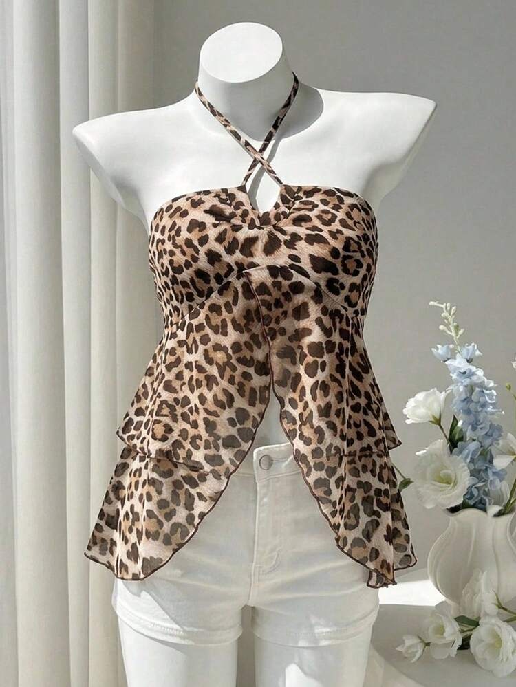 Leopard Print Asymmetric Hem Off-Shoulder Top For Women, Spring & Summer Y2k