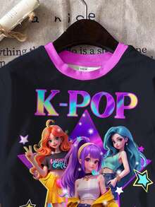 黑粉撞色，时尚个性卡通女孩图案印花，K-Pop巨星风格，少女休闲简约短袖圆领T恤，适合四季日常穿着，春夏百搭，舒适透气，时尚百搭，休闲百搭，儿童卡通女孩图案T恤，别致新颖，返校季、返校节、少女风 - 彩色 - 查看 3