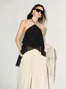 SHEIN Luminelle Áo hai dây voan mỏng dáng lệch vạt, không lưng, thắt nơ, chất liệu chiffon, kiểu dáng gợi cảm, thích hợp cho kỳ nghỉ biển, mùa xuân/hè. - màu đen - Xem 7