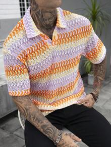 Manfinity Homme 男士夏季休闲度假风V领短袖透气网眼上衣 - 彩色 - 查看 5