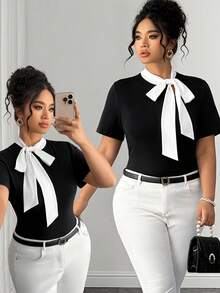 Elenzga Plus Size Women's Summer New Black & White Contrast Bow Tie Strap Slim Fit Elegant Short Sleeve T-Shirt, Suitable For Casual, Commuting, And Dating - Black and White - View 8