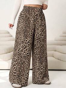Solflare Pantalones anchos de uso diario versátiles y casuales con estampado de leopardo para mujer de talla grande - Marrón - Ver 4