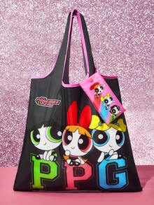 THE POWERPUFF GIRLS X SHEIN 1 chiếc túi mua sắm gấp gọn, chất liệu sợi polyester in hình hoạt hình dễ thương, có túi nhỏ đựng đồ và dây xích hạt cườm, có thể treo lên túi, họa tiết tình bạn, bong bóng, bông xốp, hoa. - Màu sắc - Xem 1