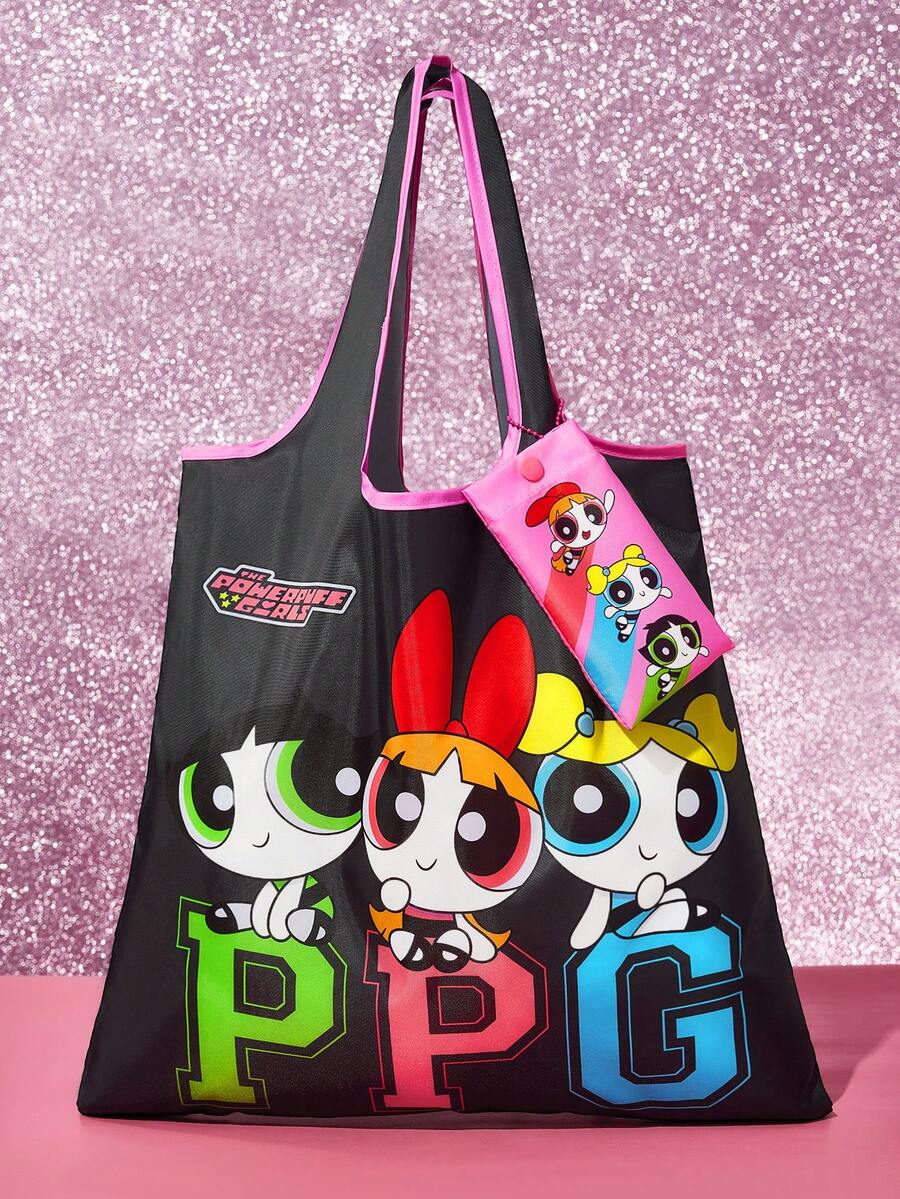 THE POWERPUFF GIRLS X SHEIN 1 chiếc túi mua sắm gấp gọn, chất liệu sợi polyester in hình hoạt hình dễ thương, có túi nhỏ đựng đồ và dây xích hạt cườm, có thể treo lên túi, họa tiết tình bạn, bong bóng, bông xốp, hoa. - Màu sắc - Xem 1