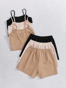 SHEIN 3件/6件套少女休闲纯色吊带背心+短裤套装 - 卡其色 - 查看 2
