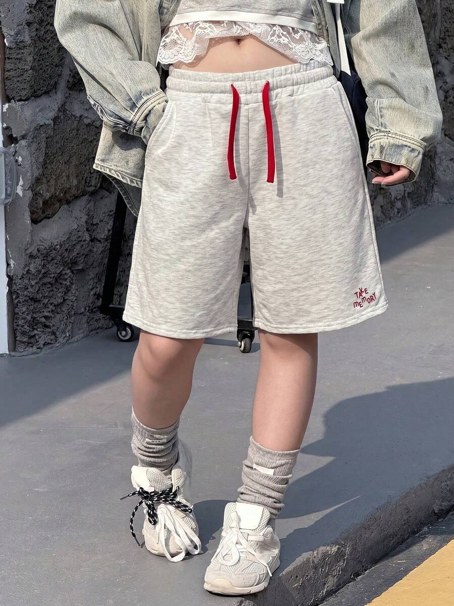 Dazy Kids Tween Girls' Versatile Letter Print Drawstring Waist Pocket Shorts - Light Grey - View 1