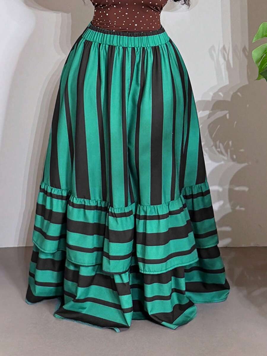 Slaydiva Chân váy maxi nữ phong cách Boho màu xanh lá cây và nâu kẻ sọc, eo chun 5cm, xếp tầng, dáng chữ A, kiểu dáng thường ngày, thích hợp cho kỳ nghỉ hoặc dạo phố.