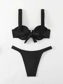 Swim Vcay Conjunto de bikini de unicolor para playa de verano con soporte de aro - Negro - Ver 3