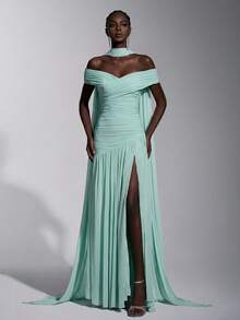 Elitara Elegant Minimalist Asymmetric Shoulder Ruched Split A-Line High Slit Dress,Suitable For Weddings,Formal Events,Galas,Evening Parties - Mint Blue - View 8