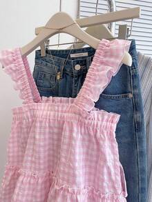 SHEIN 青少年女孩無袖荷葉邊吊帶上衣，優雅休閒百搭，適合度假、日常休閒穿搭及校園穿搭 - 粉色 - 查看 7