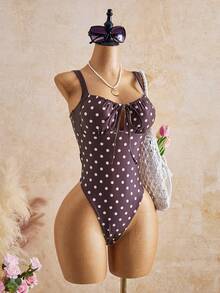 Swim Mod Bộ đồ bơi liền thân in chấm bi tươi tắn và ngọt ngào dành cho nữ, mẫu Xuân Hè 2026, chất liệu vải, viền tương phản, dây rút hình nơ, thích hợp cho kỳ nghỉ biển, tiệc trà chiều, dã ngoại, tiệc tùng, mặc hàng ngày và mặc ở nhà. - màu nâu - Xem 8