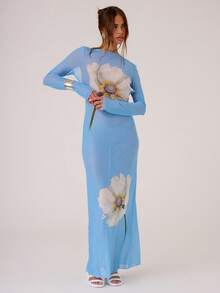 MUSERA Đầm maxi hở lưng in hoa lưới, thích hợp cho kỳ nghỉ hè, tiệc cưới màu pastel, đầm xuyên thấu dự tiệc cưới, kỳ nghỉ biển, tiệc cưới thanh lịch, hẹn hò đêm, trang phục mùa thu hè, đầm dài. - Màu xanh lam - Xem 5
