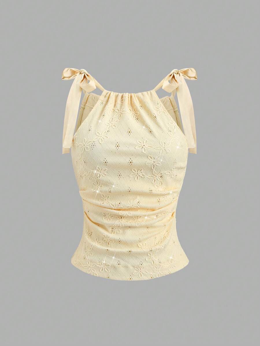 Sweetra Women's New Fashion Versatile Sequin Jacquard Hollow Out Sleeveless Tie Front Gathered Waist Shirt With Drawstring Collar - Light Yellow - View 1
