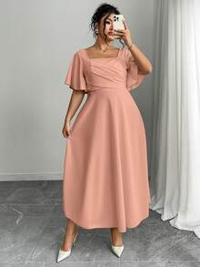 Modelyn Plus Size Women's Ruched Waist A-Line Dress, Elegant & Graceful For Vacation Elegant Dresses For Women - Pink - View 4