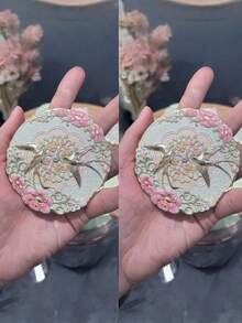 1/2 Pcs Chinese Style Round Makeup Mirror, Enamel Craft Vanity Mirror With Floral And Bird Pattern, Portable Cosmetic Mirror With Protective Sleeve For Home Decor Gift - Multicolor - View 9