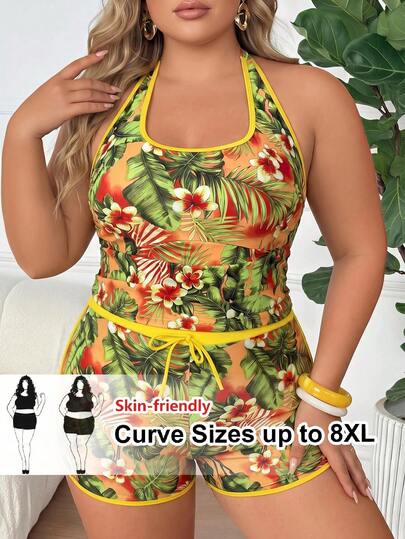 SHEIN CURVE+ بدلة سباحة تانكيني للنساء ذوات الحجم الكبير مع طبعة نباتات استوائية للعطلات الصيفية والشاطئ، بتصميم ظهر مفتوح وربطة أمامية