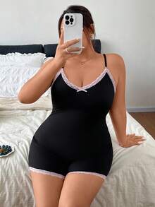 Dream Adore Delicate Lace Pink Bow Comfortable Plus Size Jumpsuit Pajamas - Black - View 6