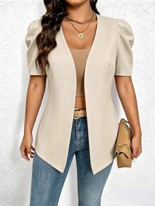 Elenzga Áo blazer mỏng nhẹ, phong cách tối giản thường ngày dành cho nữ tuổi teen - Màu Khaki - Xem 6