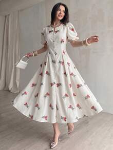 Modelyn Petite Women's Apricot Woven Digital Printed Cinched Waist A-Line Dress, Elegant & Romantic, Summer Dresses Summer Holiday Outfits  Floral Dress - Multicolor - View 5
