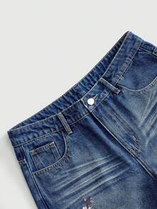 ROMWE MEN Women's Floral & Dragon Pattern Pocket Casual Denim Shorts - Blue - View 3