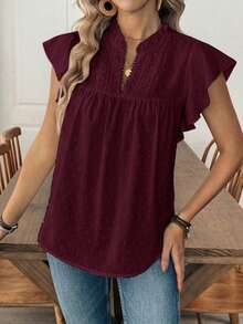 EMERY ROSE Women's Casual Vacation Solid Color Cutout Lace V-Neck Cap Sleeve Blouse, Spring/Summer - Burgundy - View 5