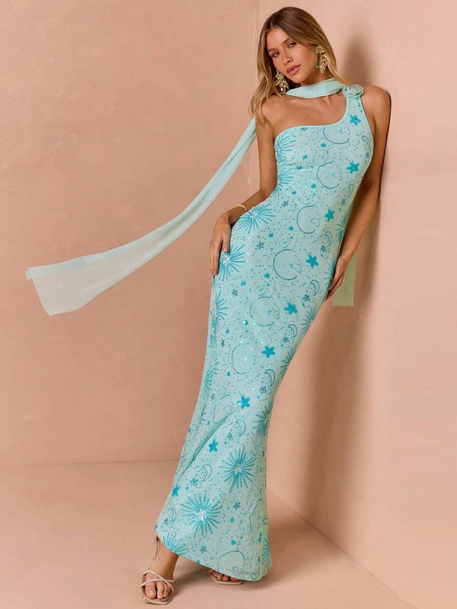 Enchnt Sky Blue Summer Elegant Women's Party Dress,Patchwork Sequin & Pearl Decor Asymmetrical Neck Cinched Waist Fishtail Hem Luxury Evening Prom Dress - Blue - View 1