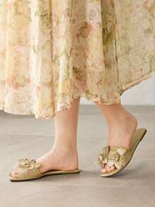 MOTF WOMEN'S FASHION CASUAL WOVEN EMBOSSED MULE SLIP-ON FLAT SANDALS VALENTINE'S DAY SUMMER SHOES - Light gold - View 8