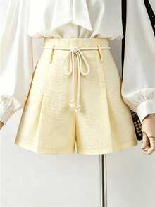 EMERY ROSE Women's Casual Linen Waist Rope Decor Discounted Detail Relaxed Vacation Spring/Summer Basic Shorts - Light Yellow - View 4