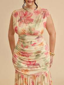 SHEIN BAE CURVE 大码女士优雅印花褶皱修身鱼尾裙，适合夏季度假 - 彩色 - 查看 4