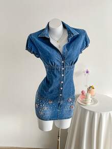 Elamini Áo sơ mi denim nữ dáng ôm, cài một hàng khuy, thích hợp mặc đi làm, mùa hè. - Màu xanh lam - Xem 6