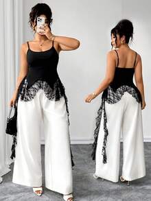 Calvaya Große Größen Elegantes Spitzen-Patchwork-Top mit Rüschen in Jellyfish-Form für Damen, gestricktes ärmelloses Top für Frühling/Sommer, vielseitig einsetzbar für Büro, Urlaub, Feiertage, Partys, Dates, Hochzeiten und Outdoor-Anlässe - Schwarz - Übersicht 1