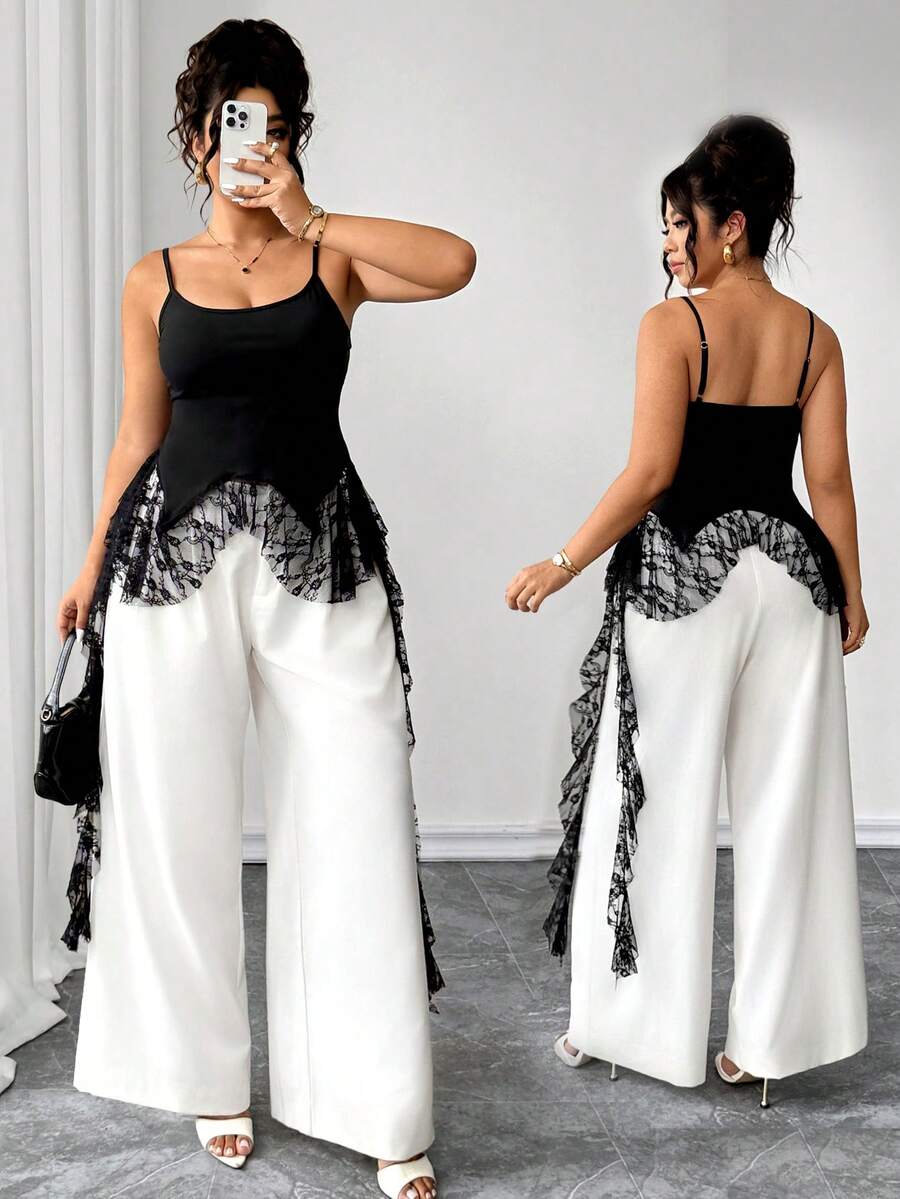 Calvaya Große Größen Elegantes Spitzen-Patchwork-Top mit Rüschen in Jellyfish-Form für Damen, gestricktes ärmelloses Top für Frühling/Sommer, vielseitig einsetzbar für Büro, Urlaub, Feiertage, Partys, Dates, Hochzeiten und Outdoor-Anlässe - Schwarz - Übersicht 1