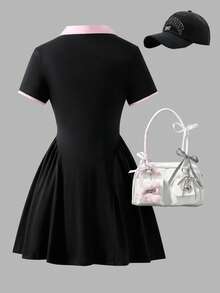 SHEIN Tween Girls Polo Collar Short Sleeve Split A-Line Dress, Fashionable & Comfortable, Spring/Summer, Bodycon, Ruched, Midi, Floral, Glow - Black - View 2