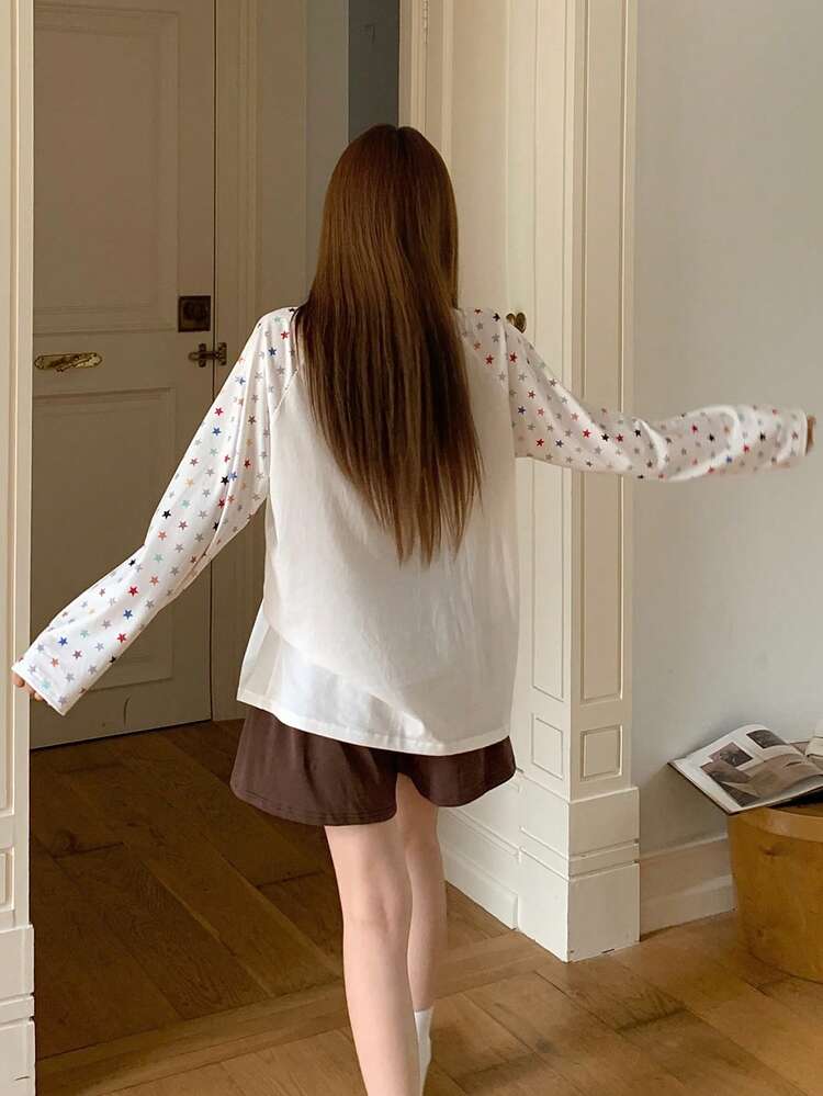2pcs/Set Women's Cute Bear & Star Print Cropped Long Sleeve T-Shirt And Shorts Pajama Set, Summer