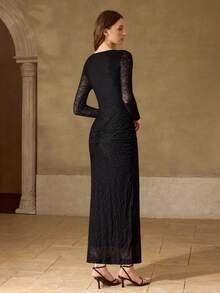 MOTF PREMIUM WOMEN'S ELASTIC JACQUARD STRUCTURED DESIGN FITTED ELEGANT DRESS, SPRING/SUMMER - Black - View 3