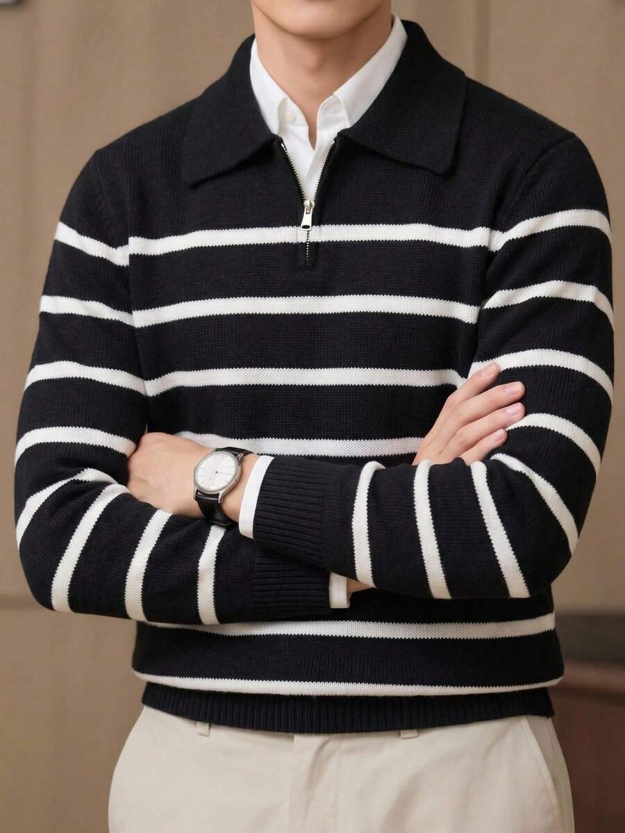 Manfinity Hypemode 秋冬新款漏斗领半拉链长袖撞色休闲男士套头毛衣 - 黑色 - 查看 1