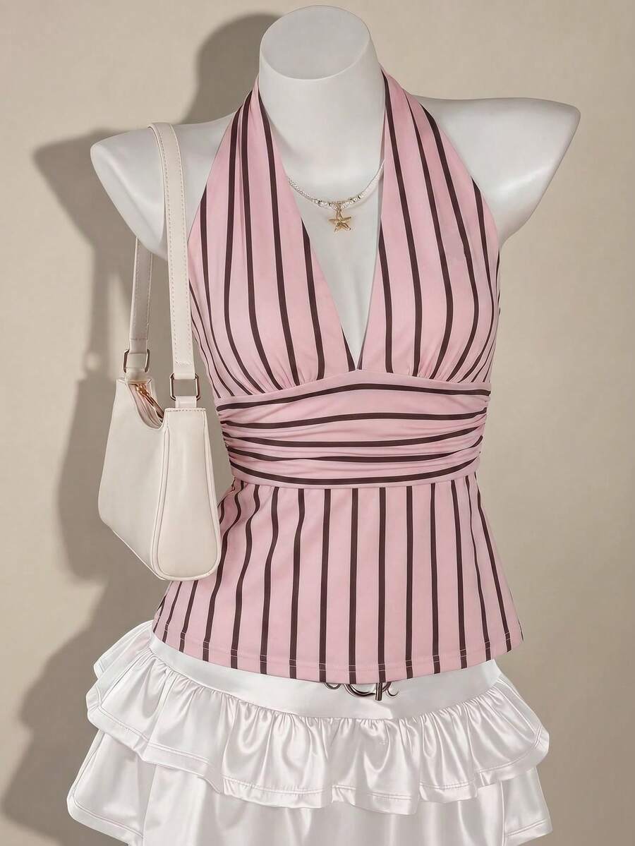 SHEIN ICON 休閒極簡日常百搭派對機場穿搭，大學風返校季棕色與粉色條紋印花圖案，女款夏季掛脖深V領收腰A字露背老錢風背心上衣 - 彩色 - 查看 1