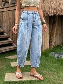 Breezaya Quần jeans nữ ống lửng xếp ly, kiểu dáng thường ngày, chất liệu wash, dành cho nữ. - Màu xanh lam - Xem 5