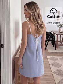 Easowa Đầm hai dây ngắn kẻ sọc dành cho nữ, thích hợp cho các buổi tiệc thường ngày. - Xanh và trắng - Xem 2