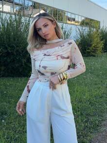 Jeta Ari Autumn Knitted Sexy Sheer Mesh Ribbon Print T-Shirt Casual Vacation - Multicolor - View 5